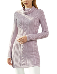 Women Polo Neck Long Slim Fitted Dress Bodycon Turtleneck Cable Knit Sweater