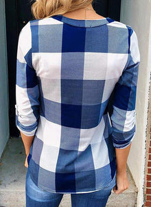 Womens Basic Casual V Neck Plaid Print Cotton Cuffed Long Sleeve Work Tops Blouses Shirts S-3XL