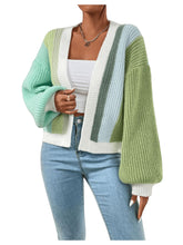 Load image into Gallery viewer, Women&#39;s Color Block Open Front Long Sleeve Ribbed Knit Cropped Cardigan Sweaters