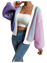 Load image into Gallery viewer, Women&#39;s Color Block Open Front Long Sleeve Ribbed Knit Cropped Cardigan Sweaters