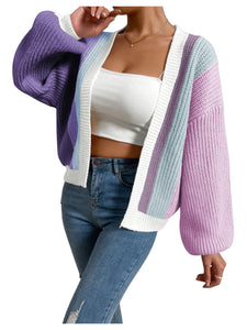 Women's Color Block Open Front Long Sleeve Ribbed Knit Cropped Cardigan Sweaters