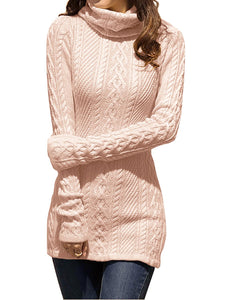 Women Polo Neck Long Slim Fitted Dress Bodycon Turtleneck Cable Knit Sweater