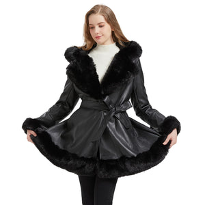 Faux Leather Jacket for Women with Faux Fur Collar Long Sleeve Parka with Pockets Warm Winter Coat with Belt