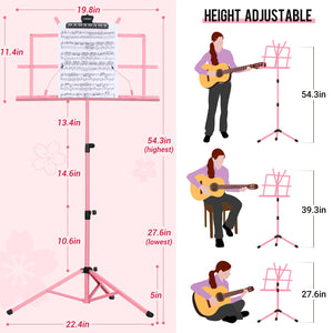 CAHAYA 2 in 1 Dual Use Extra Stable Reinforced Folding Sheet Music Stand & Desktop Book Stand Lightweight Portable Adjustable with Carrying Bag, Metal Music Stand with Music Sheet Clip Holder CY0204