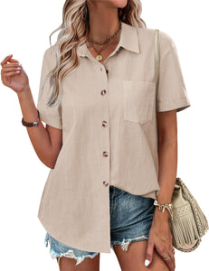 Womens Button Down Shirts Color Block Short Sleeve Cotton Linen Summer Causal Blouses Tops