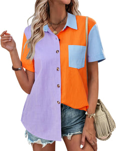 Womens Button Down Shirts Color Block Short Sleeve Cotton Linen Summer Causal Blouses Tops