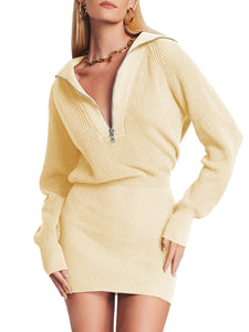 Womens Zipper Up Bodycon Sweater Dress Cozy Pullover Long Sweaters in 8 Colors