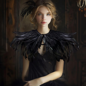 Gothic Black Feather Shawl Victorian Costume Shrug Halloween Cosplay Feather Wrap Lace Neck