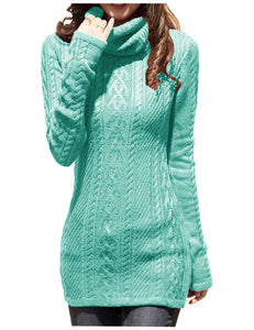 Women Polo Neck Long Slim Fitted Dress Bodycon Turtleneck Cable Knit Sweater