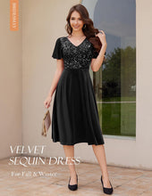 Load image into Gallery viewer, Formal Velvet Dress for Women Sequin Cocktail Dress with Sleeves for Fall and Winter