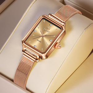 Women's Casual Watch, Rose Gold Tone Mesh Bracelet Stainless Steel Square Dress Watches for Women, Fashion Business Analog Quartz Ladies Small Wrist Watch