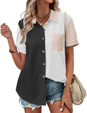 Load image into Gallery viewer, Womens Button Down Shirts Color Block Short Sleeve Cotton Linen Summer Causal Blouses Tops