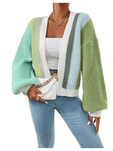 Load image into Gallery viewer, Women&#39;s Color Block Open Front Long Sleeve Ribbed Knit Cropped Cardigan Sweaters