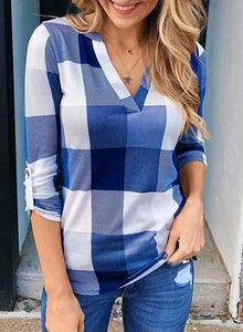 Womens Basic Casual V Neck Plaid Print Cotton Cuffed Long Sleeve Work Tops Blouses Shirts S-3XL