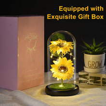 Load image into Gallery viewer, Sunflower Gifts for Women, Sunflowers Artificial Flowers in Glass Dome with LED Strip (Yellow)