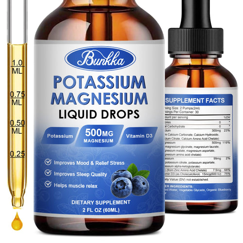 Potassium Magnesium Liquid Drops Supplement with Potassium 99mg, Magnesium 500mg,Calcium, Vitamin D3, Zinc, for Leg Cramps, Energy, Metabolism, for Adult and Kid,Sugar Free