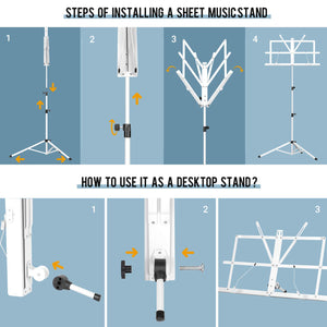 CAHAYA 2 in 1 Dual Use Extra Stable Reinforced Folding Sheet Music Stand & Desktop Book Stand Lightweight Portable Adjustable with Carrying Bag, Metal Music Stand with Music Sheet Clip Holder CY0204
