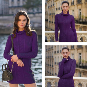 Women Polo Neck Long Slim Fitted Dress Bodycon Turtleneck Cable Knit Sweater