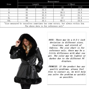 Faux Leather Jacket for Women with Faux Fur Collar Long Sleeve Parka with Pockets Warm Winter Coat with Belt