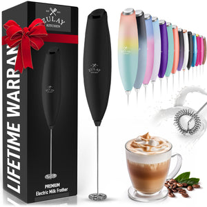 Zulay Kitchen Milk Frother Wand Drink Mixer - Durable Handheld Milk Frother Electric Whisk - Easy-Clean Milk Frother Wand & Mini Blender - Electric Coffee Frother for Frappe, Matcha - Jet Black