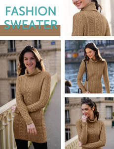 Women Polo Neck Long Slim Fitted Dress Bodycon Turtleneck Cable Knit Sweater