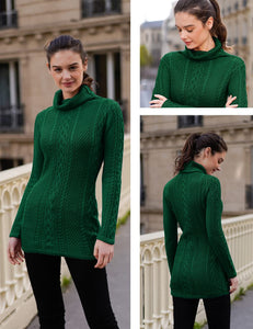 Women Polo Neck Long Slim Fitted Dress Bodycon Turtleneck Cable Knit Sweater