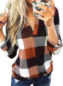 Womens Basic Casual V Neck Plaid Print Cotton Cuffed Long Sleeve Work Tops Blouses Shirts S-3XL