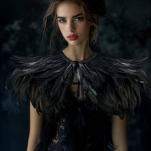 Load image into Gallery viewer, Gothic Black Feather Shawl Victorian Costume Shrug Halloween Cosplay Feather Wrap Lace Neck