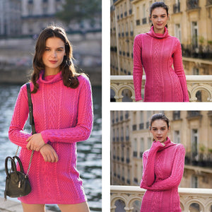 Women Polo Neck Long Slim Fitted Dress Bodycon Turtleneck Cable Knit Sweater