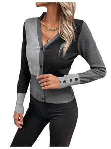 Women's Color Block Button Down Caridiagn Sweaters Long Sleeve Collared Knit Tops