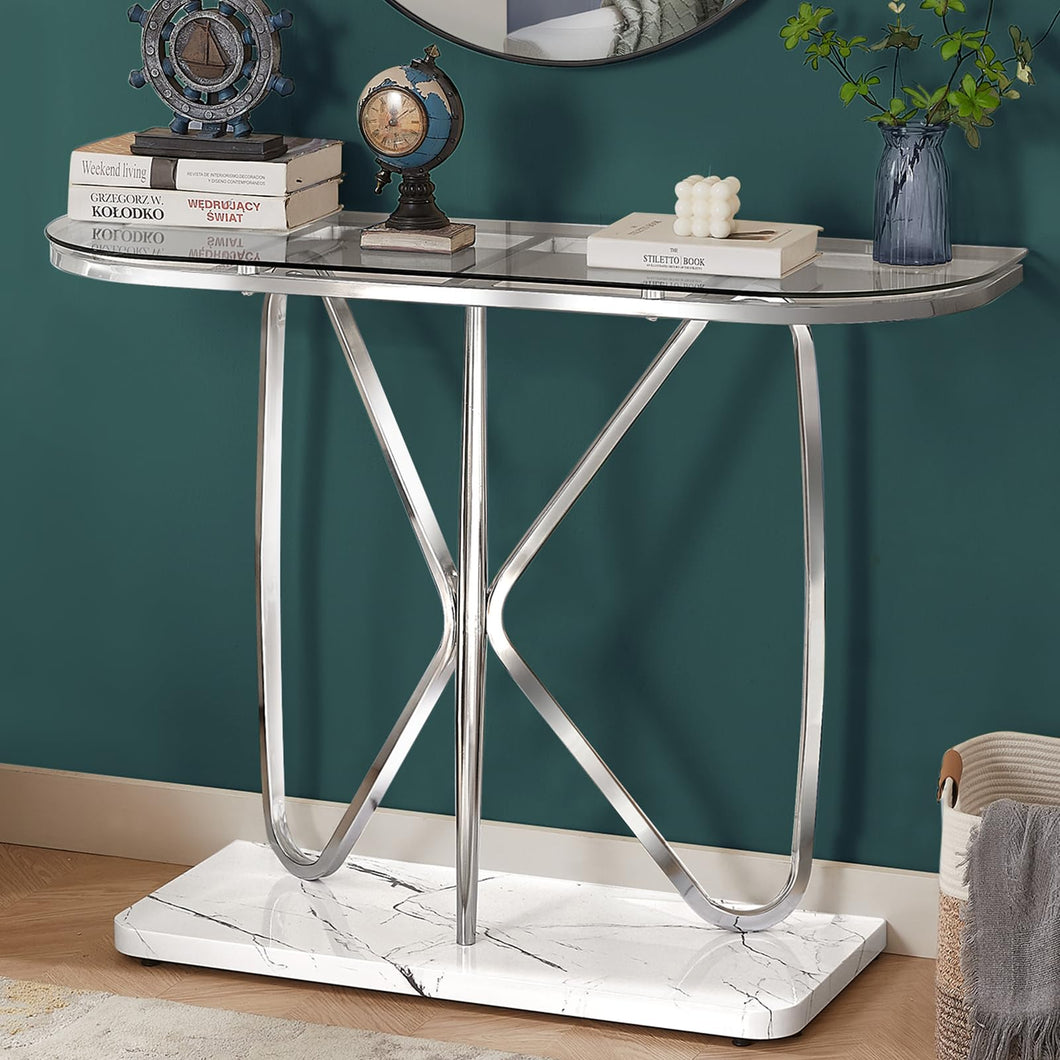 HOMISSUE Console Table, Modern Console Table with Tempered Glass Top and Chrome Frame, Glass Entryway Table with Marbled MDF Base, Console Table for Entryway, Hallway, Living Room (Silver&Clear Glass)