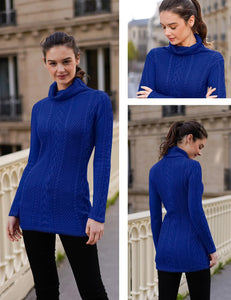 Women Polo Neck Long Slim Fitted Dress Bodycon Turtleneck Cable Knit Sweater