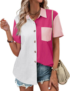 Womens Button Down Shirts Color Block Short Sleeve Cotton Linen Summer Causal Blouses Tops