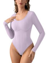 Load image into Gallery viewer, PINKMSTYLE Women&#39;s Sexy Scoop Neck Long Sleeve Bodysuits Thongs Ribbed Seamless Slim Fit Trendy Going Out Leotard Tops