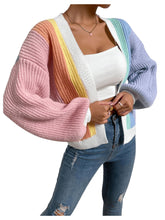 Load image into Gallery viewer, Women&#39;s Color Block Open Front Long Sleeve Ribbed Knit Cropped Cardigan Sweaters