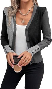 Women's Color Block Button Down Caridiagn Sweaters Long Sleeve Collared Knit Tops