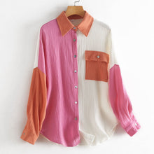 Load image into Gallery viewer, Women&#39;s Color Block Long Sleeve Button Down Boyfriend Shirt Blouses