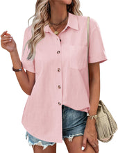 Load image into Gallery viewer, Womens Button Down Shirts Color Block Short Sleeve Cotton Linen Summer Causal Blouses Tops