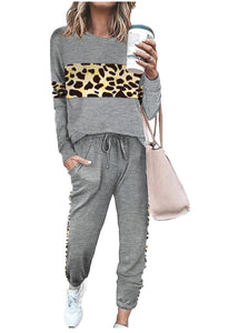 Leopard Sweatsuits Women 2 Piece Sets Crew neck Long Sleeve Tops Pants, Tracksuit with Pockets