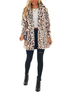 Omoone Women's Faux Fur Jackets Autumn Winter Leopard Coats Loose Fur Coat with Pockets