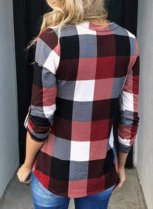 Womens Basic Casual V Neck Plaid Print Cotton Cuffed Long Sleeve Work Tops Blouses Shirts S-3XL