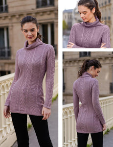 Women Polo Neck Long Slim Fitted Dress Bodycon Turtleneck Cable Knit Sweater