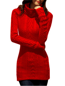 Women Polo Neck Long Slim Fitted Dress Bodycon Turtleneck Cable Knit Sweater