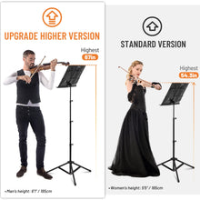 Load image into Gallery viewer, CAHAYA 2 in 1 Dual Use Extra Stable Reinforced Folding Sheet Music Stand &amp; Desktop Book Stand Lightweight Portable Adjustable with Carrying Bag, Metal Music Stand with Music Sheet Clip Holder CY0204