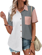 Load image into Gallery viewer, Womens Button Down Shirts Color Block Short Sleeve Cotton Linen Summer Causal Blouses Tops