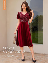 Load image into Gallery viewer, Formal Velvet Dress for Women Sequin Cocktail Dress with Sleeves for Fall and Winter