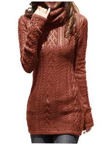 Women Polo Neck Long Slim Fitted Dress Bodycon Turtleneck Cable Knit Sweater