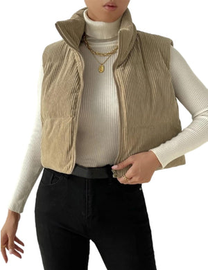 Women's Corduroy Puffer Vest Cropped Stand Collar Zip Up Vest Quilted Sleeveless Jackets Gilet