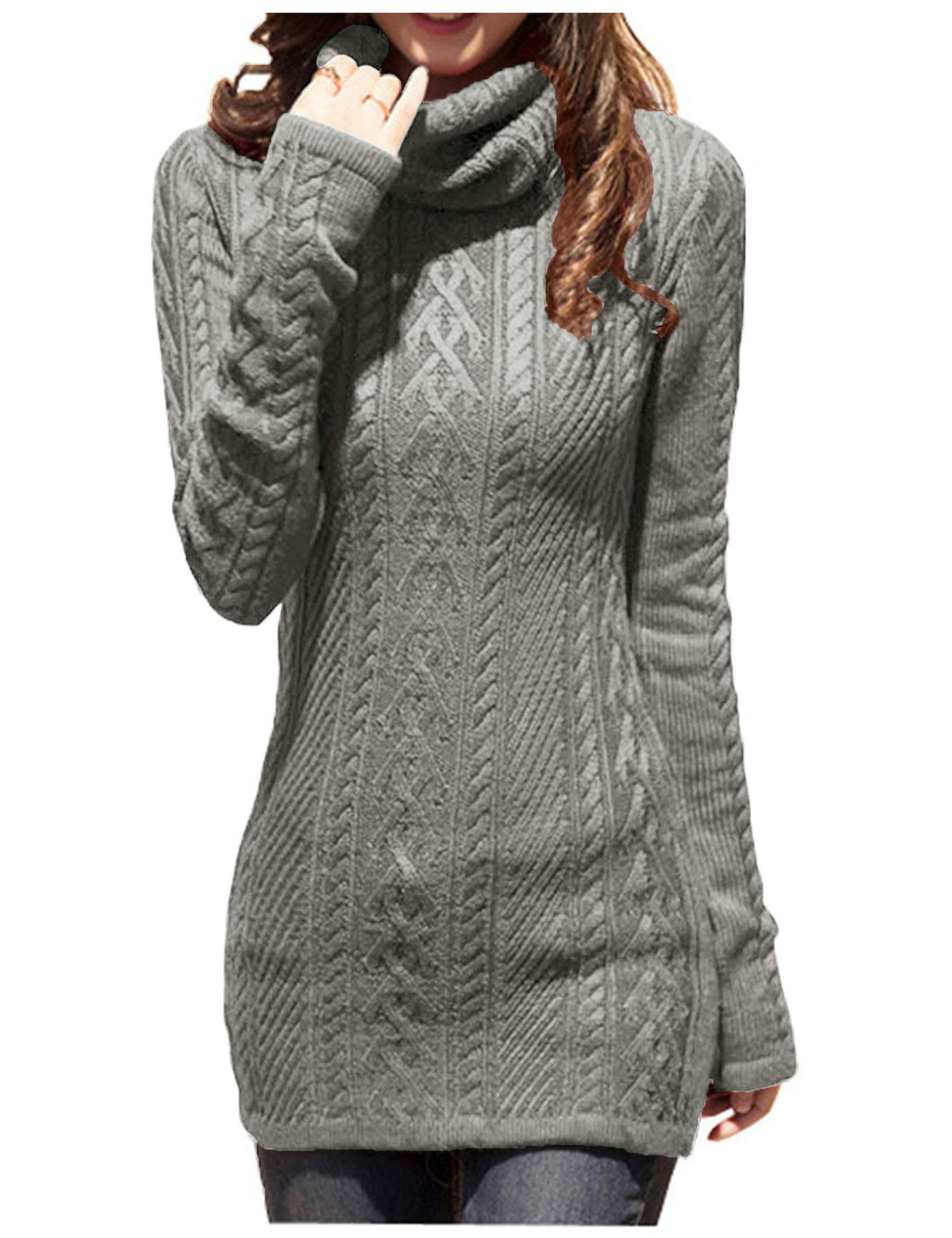 Women Polo Neck Long Slim Fitted Dress Bodycon Turtleneck Cable Knit Sweater