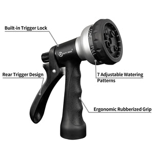 AUTOMAN-Garden-Hose-Nozzle,ABS Water Spray Nozzle with Heavy Duty 7 Adjustable Watering Patterns,Slip Resistant for Plants,Lawn,Washing Cars,Cleaning,Showering Pets & Outdoor Fun.